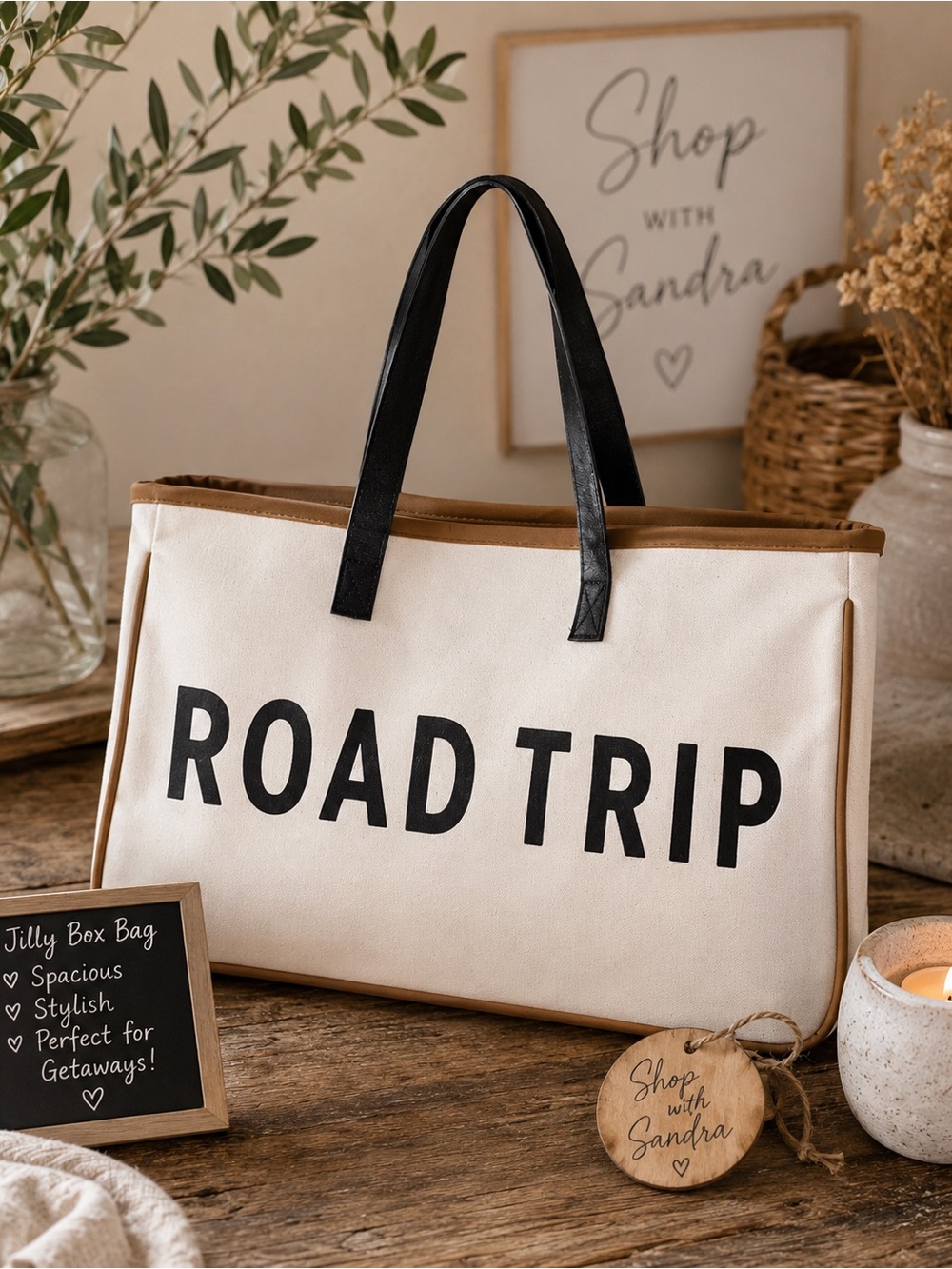 Canvas 'Road Trip' Tote Bag - Cream with Black Handles -jilly box collaboration